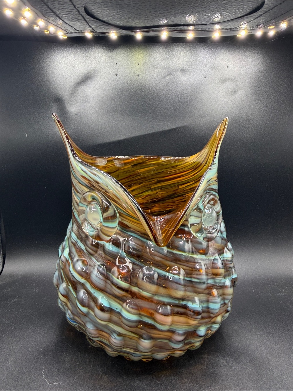 Vtg Handblown Glass Owl Vase - Brown and Aqua with bubble design